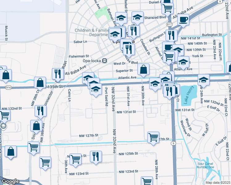 map of restaurants, bars, coffee shops, grocery stores, and more near 3198 Northwest 134th Street in Opa-locka