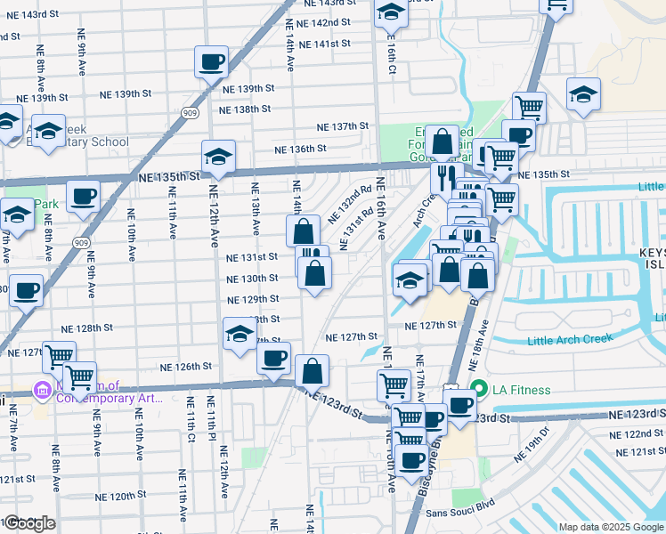 map of restaurants, bars, coffee shops, grocery stores, and more near 1501 Northeast 130th Street in North Miami