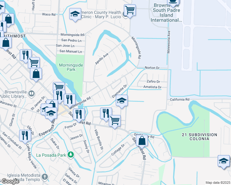 map of restaurants, bars, coffee shops, grocery stores, and more near 1914 Diamante Drive in Brownsville