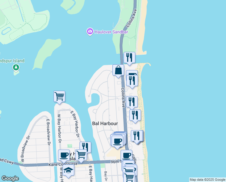 map of restaurants, bars, coffee shops, grocery stores, and more near 214 Park Drive in Bal Harbour