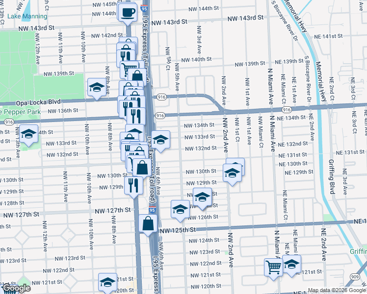 map of restaurants, bars, coffee shops, grocery stores, and more near 475 Northwest 132nd Street in North Miami