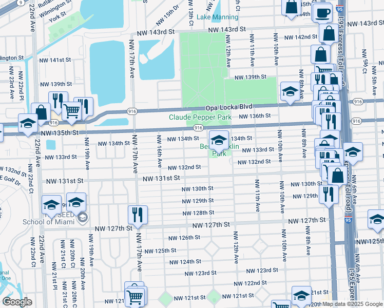 map of restaurants, bars, coffee shops, grocery stores, and more near 1370 Northwest 133rd Street in Miami