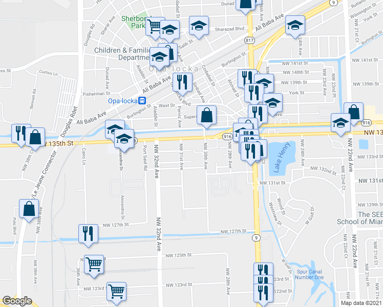 map of restaurants, bars, coffee shops, grocery stores, and more near 13388 Northwest 30th Avenue in Opa-locka