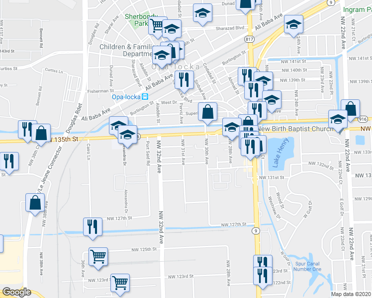 map of restaurants, bars, coffee shops, grocery stores, and more near 3110 Northwest 134th Street in Opa-locka