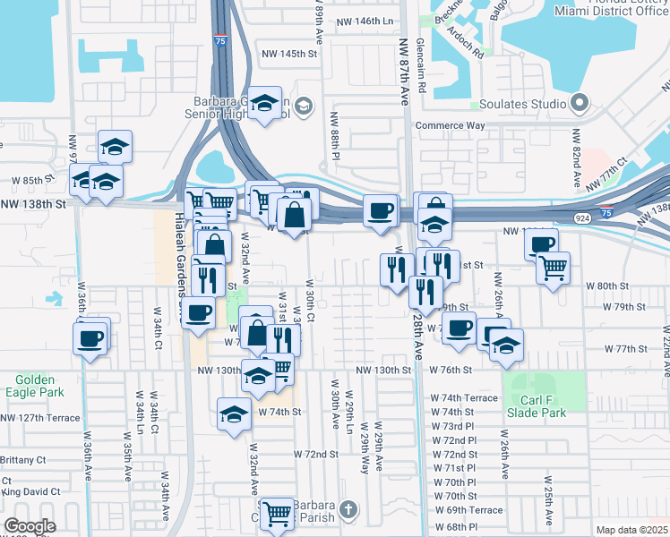 map of restaurants, bars, coffee shops, grocery stores, and more near 3000 West 84th Street in Hialeah