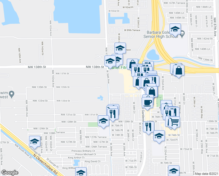 map of restaurants, bars, coffee shops, grocery stores, and more near 8007 West 36th Avenue in Hialeah