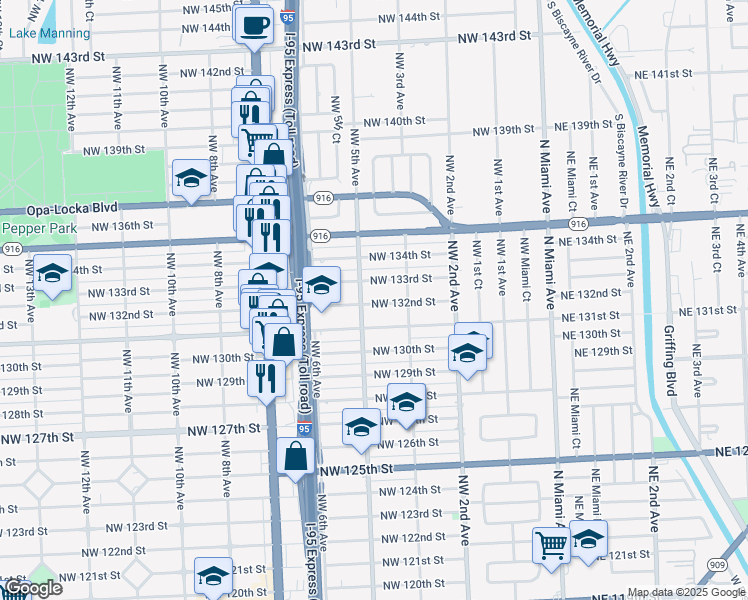 map of restaurants, bars, coffee shops, grocery stores, and more near 475 Northwest 132nd Street in North Miami
