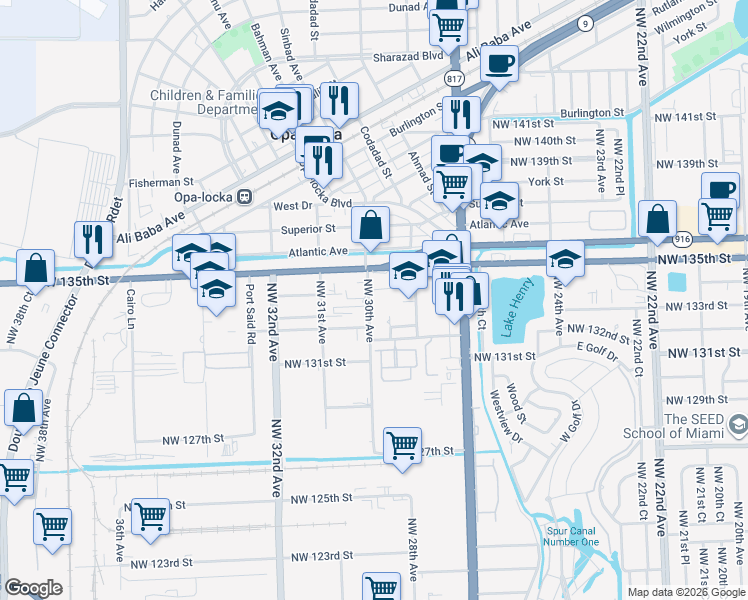 map of restaurants, bars, coffee shops, grocery stores, and more near 13377 Northwest 30th Avenue in Opa-locka