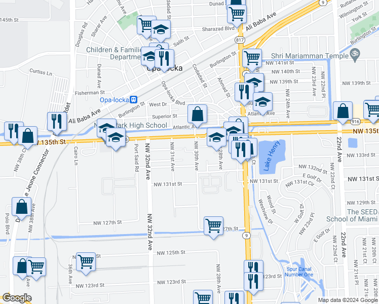 map of restaurants, bars, coffee shops, grocery stores, and more near 13388 Northwest 30th Avenue in Opa-locka