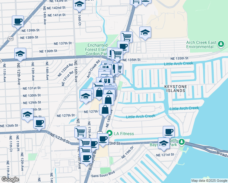 map of restaurants, bars, coffee shops, grocery stores, and more near 12995 Biscayne Boulevard in North Miami