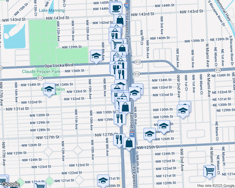 map of restaurants, bars, coffee shops, grocery stores, and more near 13229 Northwest 7th Avenue in North Miami