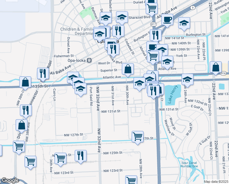 map of restaurants, bars, coffee shops, grocery stores, and more near 3090 Northwest 134th Street in Opa-locka