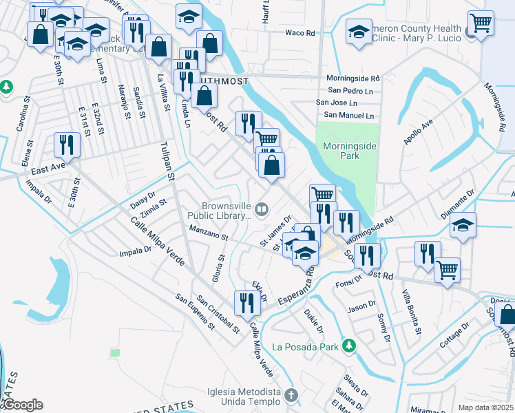 map of restaurants, bars, coffee shops, grocery stores, and more near 1698 Monclova Drive in Brownsville