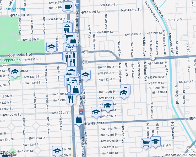 map of restaurants, bars, coffee shops, grocery stores, and more near 475 Northwest 132nd Street in North Miami