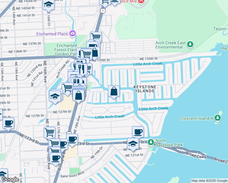 map of restaurants, bars, coffee shops, grocery stores, and more near 2035 Ixora Road in North Miami