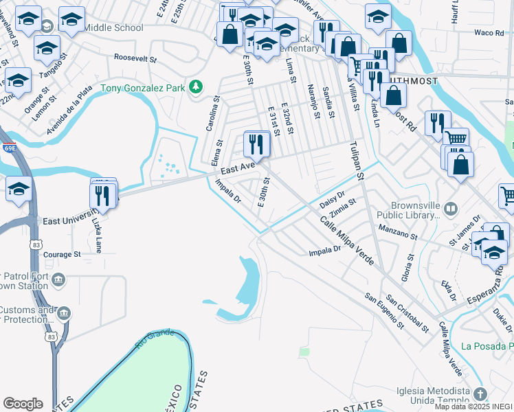 map of restaurants, bars, coffee shops, grocery stores, and more near 2425 East 30th Street in Brownsville
