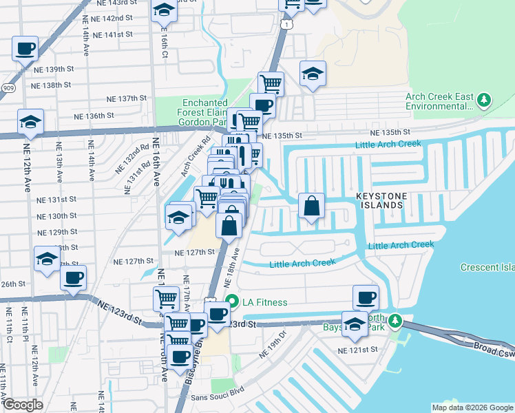 map of restaurants, bars, coffee shops, grocery stores, and more near 1805 Ixora Road in North Miami