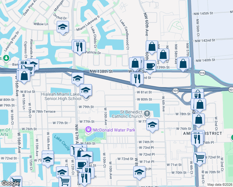 map of restaurants, bars, coffee shops, grocery stores, and more near 911 West 80th Place in Hialeah