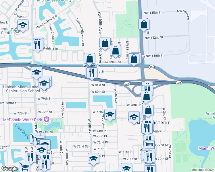 map of restaurants, bars, coffee shops, grocery stores, and more near 545 West 81st Street in Hialeah