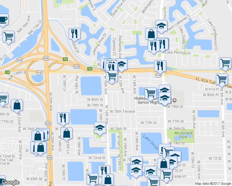 map of restaurants, bars, coffee shops, grocery stores, and more near 8098 West 15th Court in Hialeah