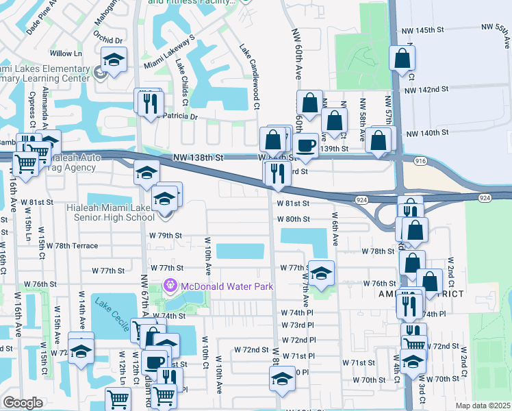 map of restaurants, bars, coffee shops, grocery stores, and more near 835 West 80th Place in Hialeah