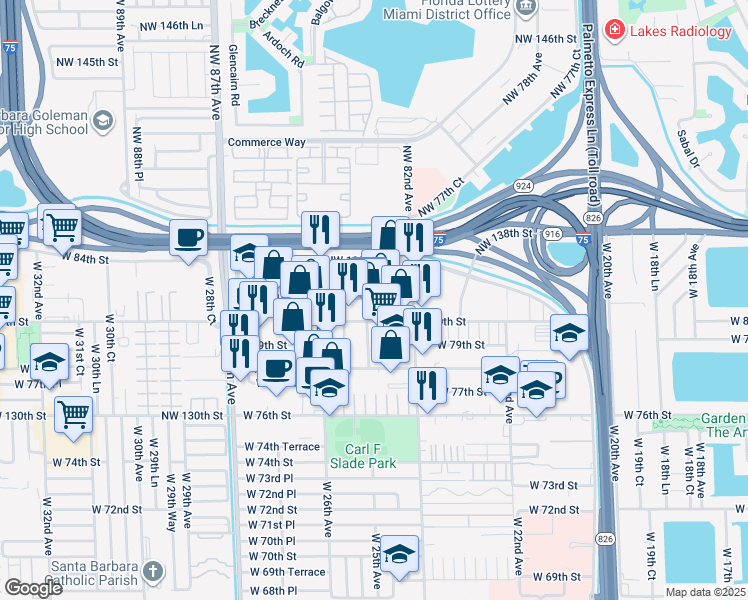 map of restaurants, bars, coffee shops, grocery stores, and more near 2485 West 81st Street in Hialeah