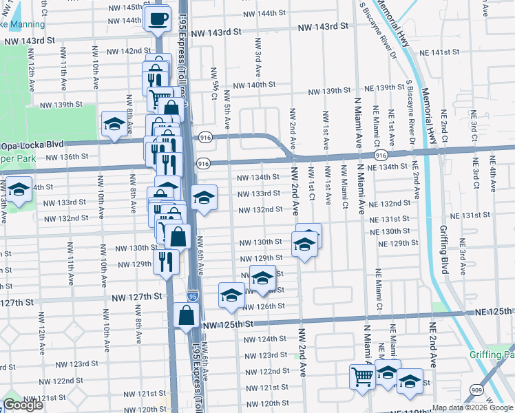 map of restaurants, bars, coffee shops, grocery stores, and more near 385 Northwest 132nd Street in North Miami