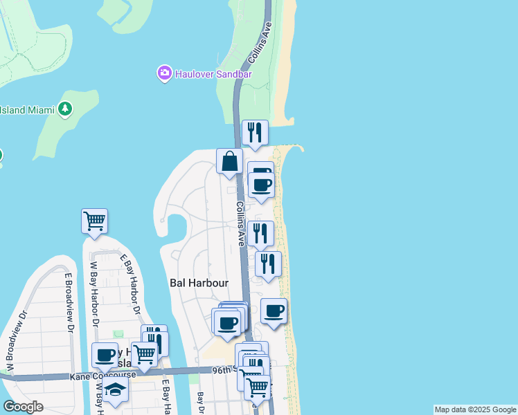 map of restaurants, bars, coffee shops, grocery stores, and more near 10225 Collins Avenue in Bal Harbour