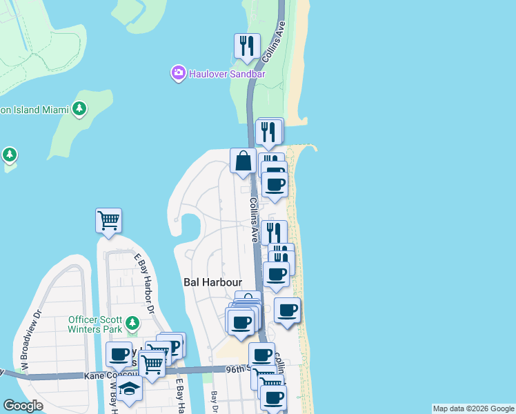 map of restaurants, bars, coffee shops, grocery stores, and more near 10225 Collins Avenue in Bal Harbour