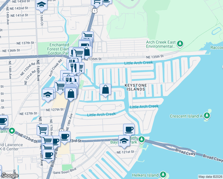 map of restaurants, bars, coffee shops, grocery stores, and more near 2105 Ixora Road in North Miami