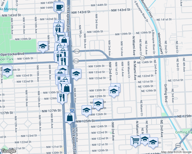 map of restaurants, bars, coffee shops, grocery stores, and more near 385 Northwest 132nd Street in North Miami