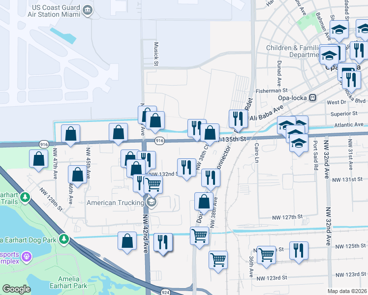 map of restaurants, bars, coffee shops, grocery stores, and more near 13400 Northwest 38th Court in Opa-locka
