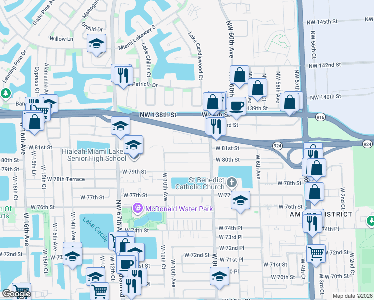 map of restaurants, bars, coffee shops, grocery stores, and more near 911 West 80th Place in Hialeah