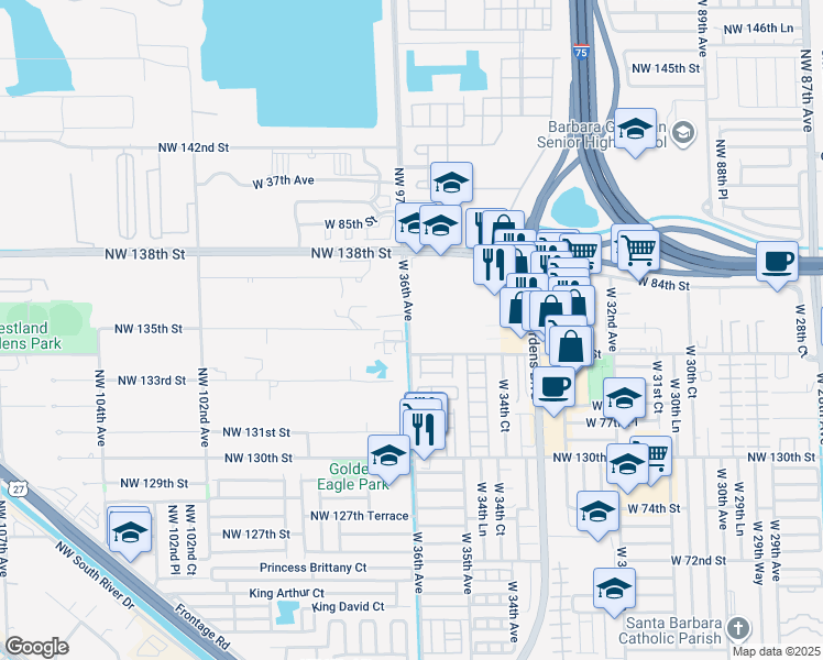 map of restaurants, bars, coffee shops, grocery stores, and more near 8007 West 36th Avenue in Hialeah