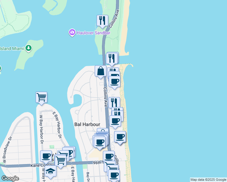 map of restaurants, bars, coffee shops, grocery stores, and more near 10205 Collins Avenue in Bal Harbour