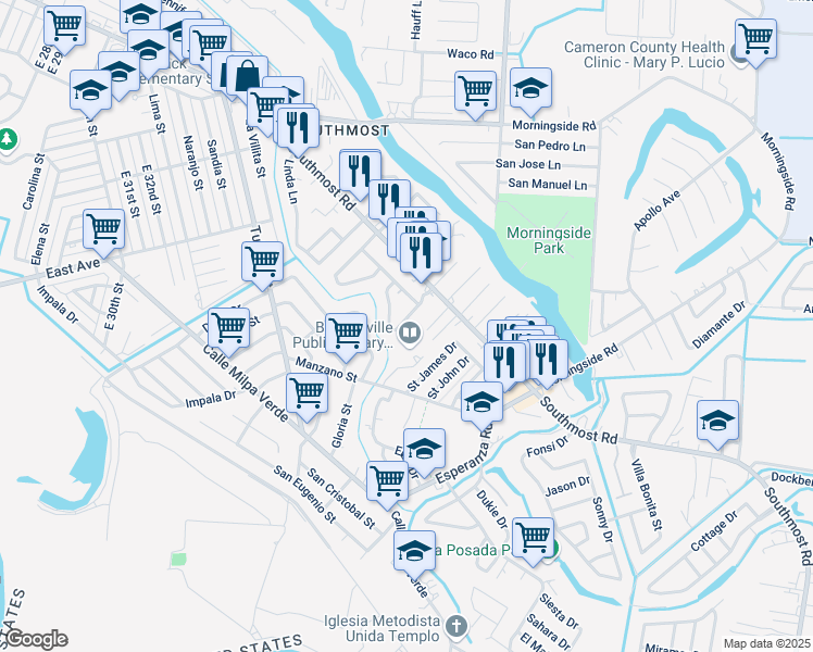 map of restaurants, bars, coffee shops, grocery stores, and more near 1698 Monclova Drive in Brownsville