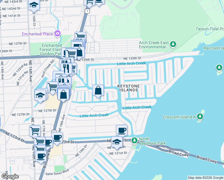 map of restaurants, bars, coffee shops, grocery stores, and more near 2105 Ixora Road in North Miami