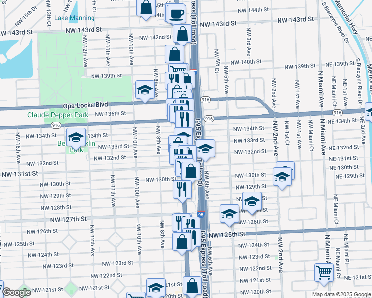 map of restaurants, bars, coffee shops, grocery stores, and more near 13229 Northwest 7th Avenue in North Miami