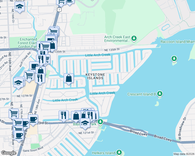 map of restaurants, bars, coffee shops, grocery stores, and more near in North Miami
