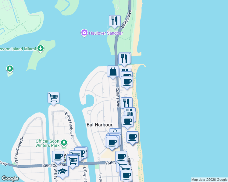 map of restaurants, bars, coffee shops, grocery stores, and more near 214 Park Drive in Bal Harbour
