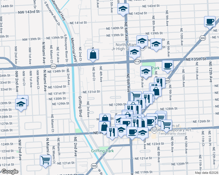 map of restaurants, bars, coffee shops, grocery stores, and more near 452 Northeast 132nd Road in North Miami