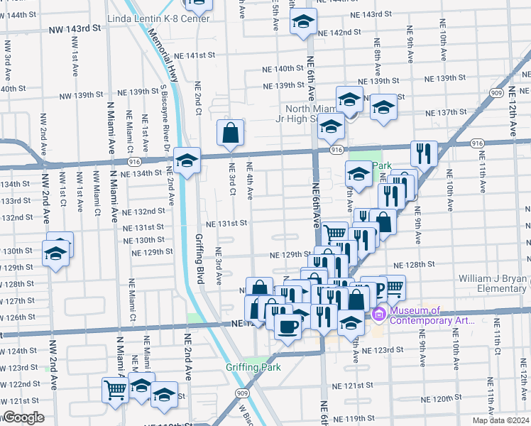 map of restaurants, bars, coffee shops, grocery stores, and more near 452 Northeast 132nd Road in North Miami