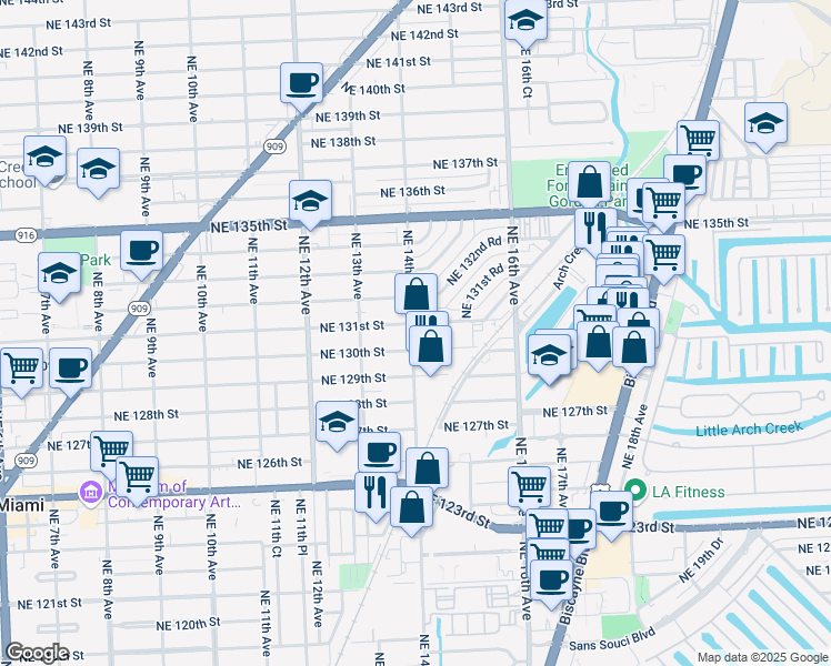 map of restaurants, bars, coffee shops, grocery stores, and more near 13077 Northeast 14th Avenue in North Miami
