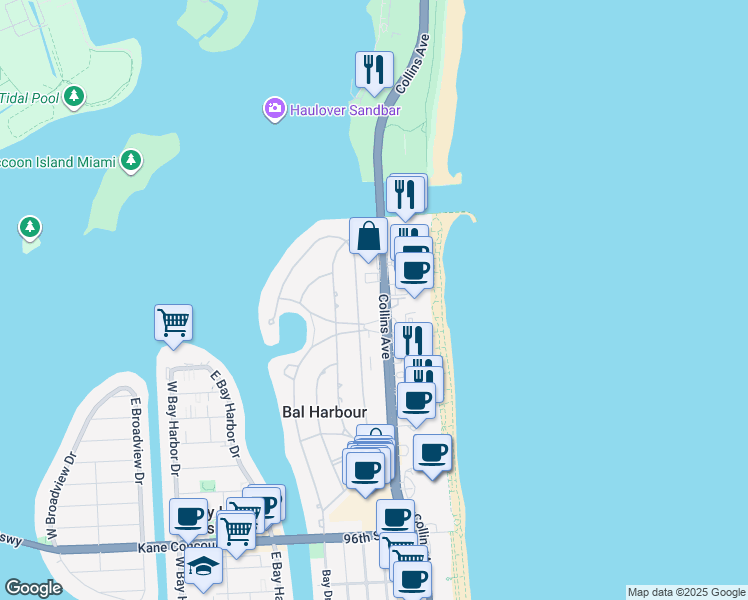 map of restaurants, bars, coffee shops, grocery stores, and more near 214 Park Drive in Bal Harbour