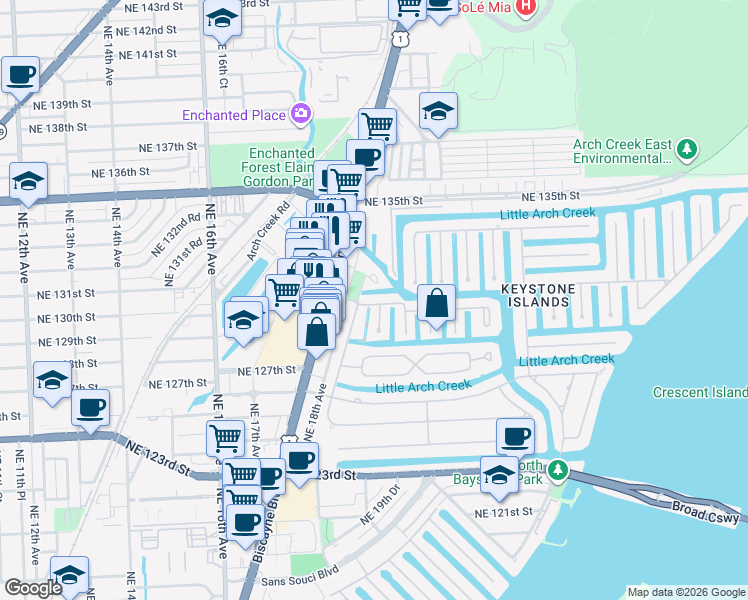 map of restaurants, bars, coffee shops, grocery stores, and more near 1805 Ixora Road in North Miami