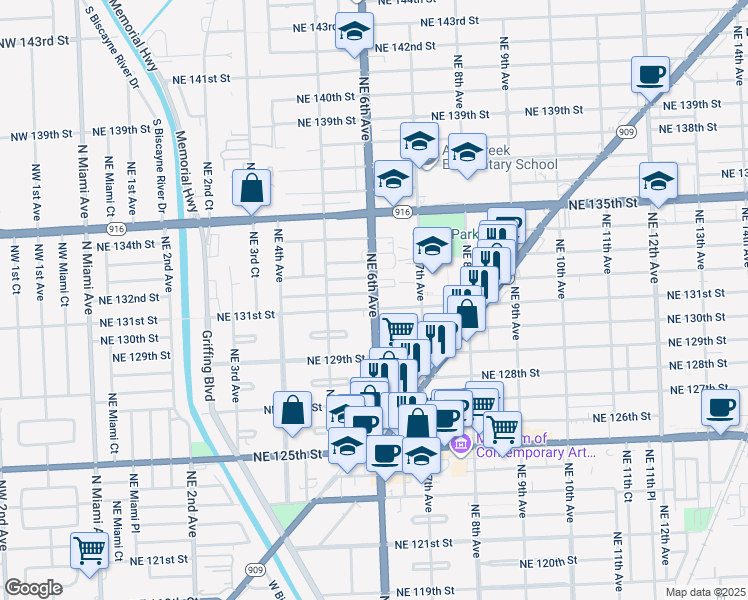 map of restaurants, bars, coffee shops, grocery stores, and more near in North Miami