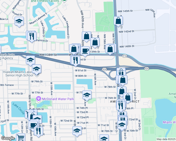 map of restaurants, bars, coffee shops, grocery stores, and more near 606 West 81st Street in Hialeah