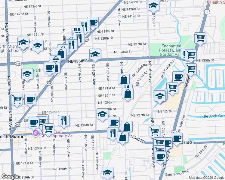 map of restaurants, bars, coffee shops, grocery stores, and more near 1320 Northeast 131st Street in North Miami