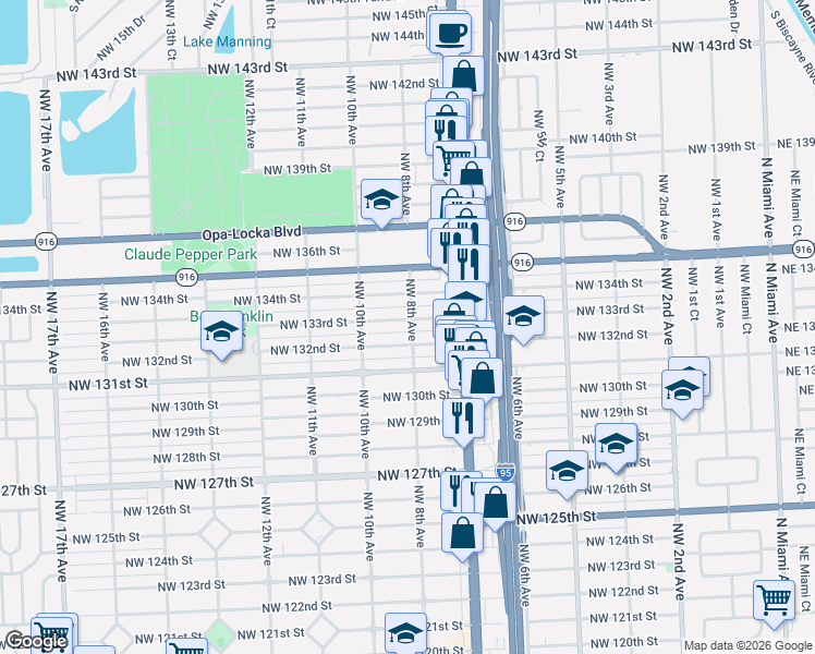 map of restaurants, bars, coffee shops, grocery stores, and more near 830 Northwest 133rd Street in North Miami