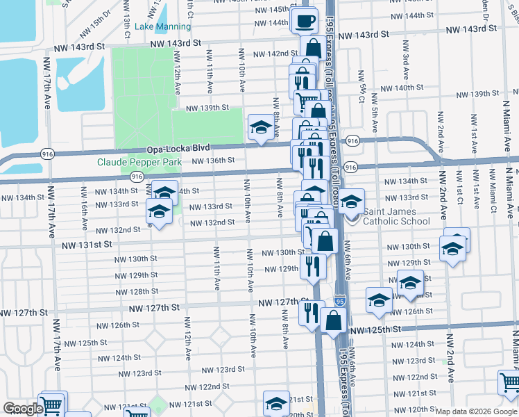 map of restaurants, bars, coffee shops, grocery stores, and more near 830 Northwest 133rd Street in North Miami